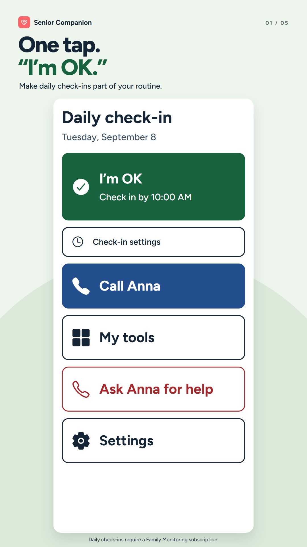Senior Companion interface preview with a large green I’m OK button, next check-in time and family contact shortcuts